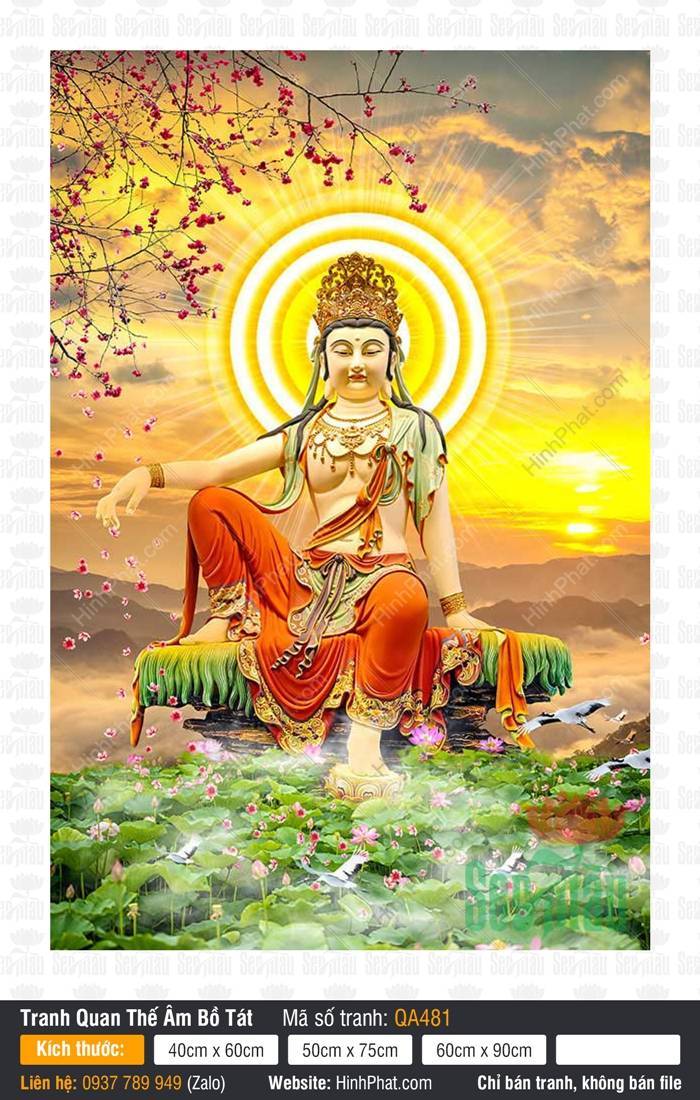 Hình Phật Quan Âm Bồ Tát QA481 Hình Phật Quan Âm Bồ Tát QA481 ngự thạch đài bên hồ sen và hoa đào rực rỡ