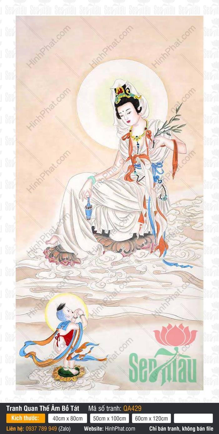 Hình Phật Quan Âm Đẹp QA429 Hình Phật Quan Âm Đẹp QA429 y phục trắng thanh khiết ngự tòa sen trên mây trời