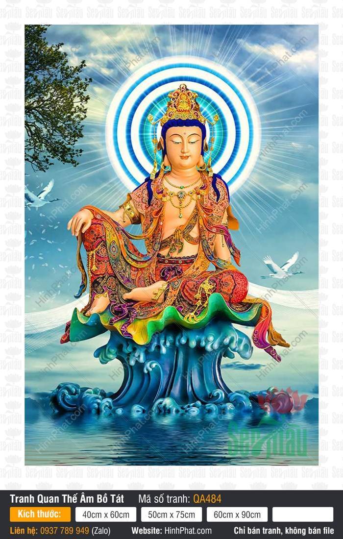 Hình Phật Quan Thế Âm QA484 Hình Phật Quan Thế Âm QA484 ngự trên tòa sen báu giữa biển xanh và mây trời
