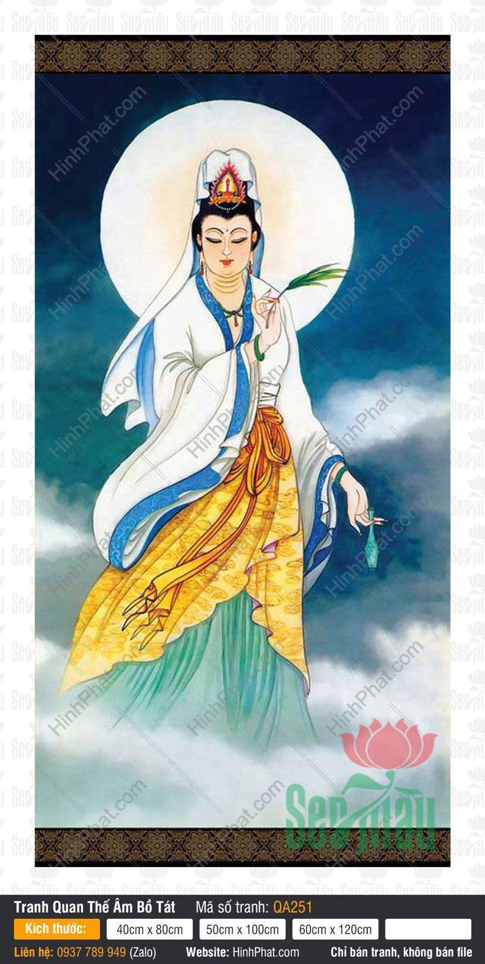 Hinh Quan Am Bo Tat Dep Nhat QA251 Hinh Quan Am Bo Tat Dep Nhat QA251 khoác áo trắng viền xanh đứng trên mây giữa hào quang