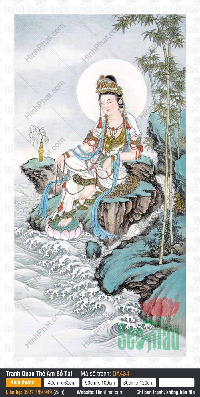 Hình Quan Âm Bồ Tát Đẹp Nhất QA434 Hình Quan Âm Bồ Tát Đẹp Nhất QA434 tọa thiền tự tại trên thạch ghềnh bên rặng trúc xanh