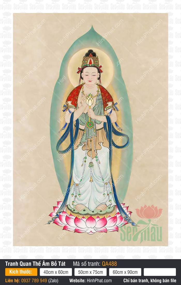 Hình Quan Âm Bồ Tát Đẹp Nhất QA488 Hình Quan Âm Bồ Tát Đẹp Nhất QA488 đứng trên tòa sen hồng cầm đóa sen vàng uy nghiêm
