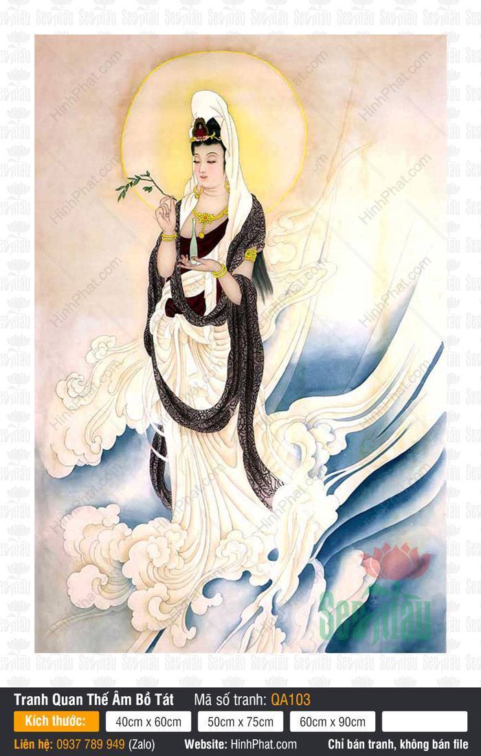Hình Quan Âm Bồ Tát Đẹp QA103 Hình Quan Âm Bồ Tát Đẹp QA103 khoác dải lụa đen tay cầm cành dương liễu trên mây trắng