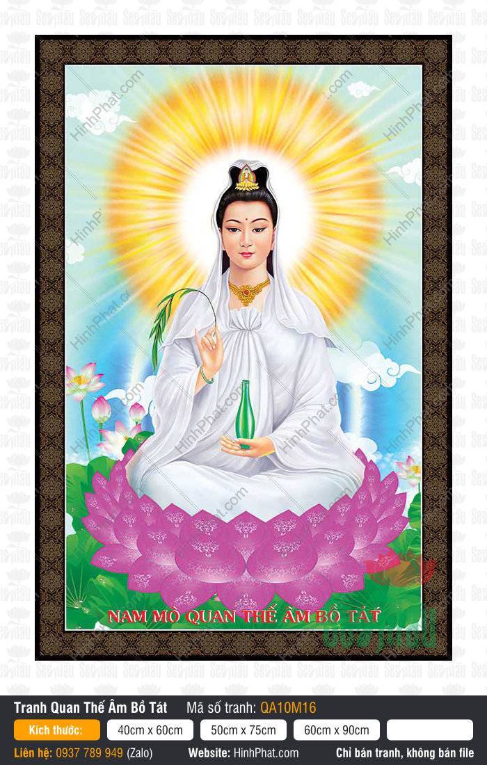 Hình Quan Âm Bồ Tát Đẹp QA10M16 Hình Quan Âm Bồ Tát Đẹp QA10M16 khoác y trắng ngự tòa sen tím nền trời xanh