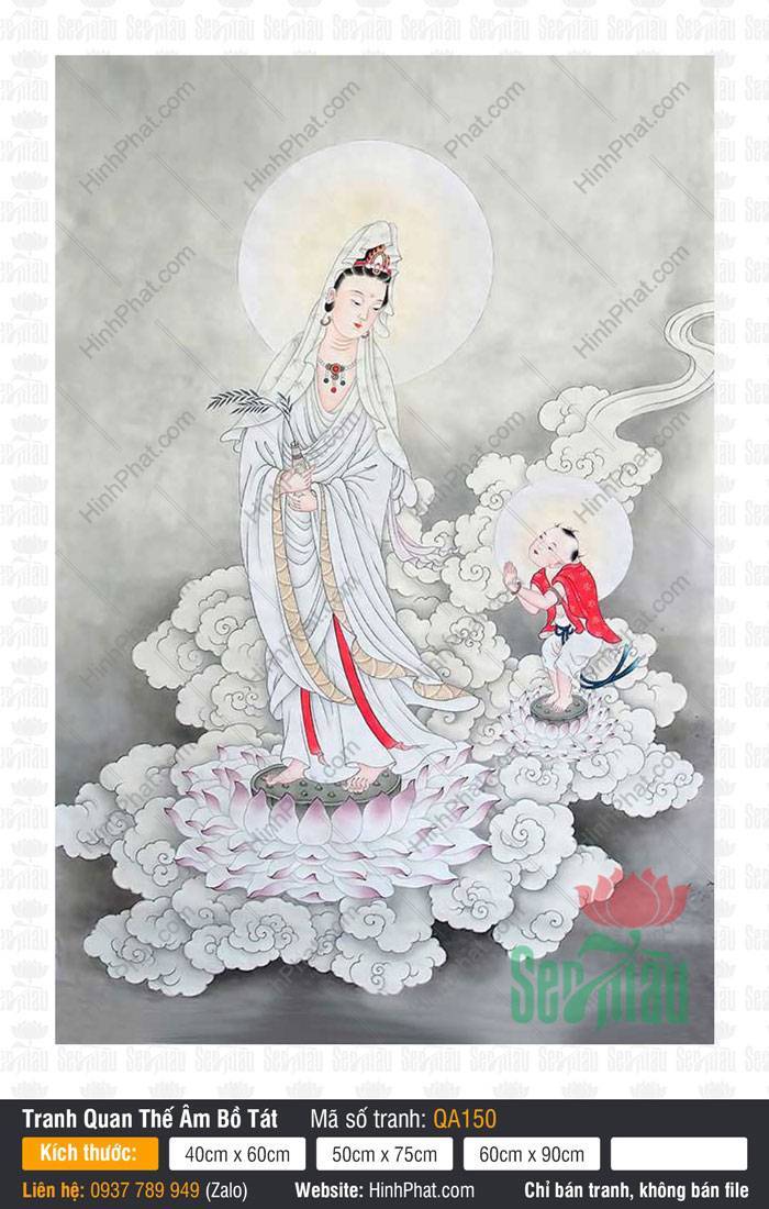 Hình Quan Âm Bồ Tát Đẹp QA150 Hình Quan Âm Bồ Tát Đẹp QA150 ngự đài sen trắng bên đồng tử chắp tay