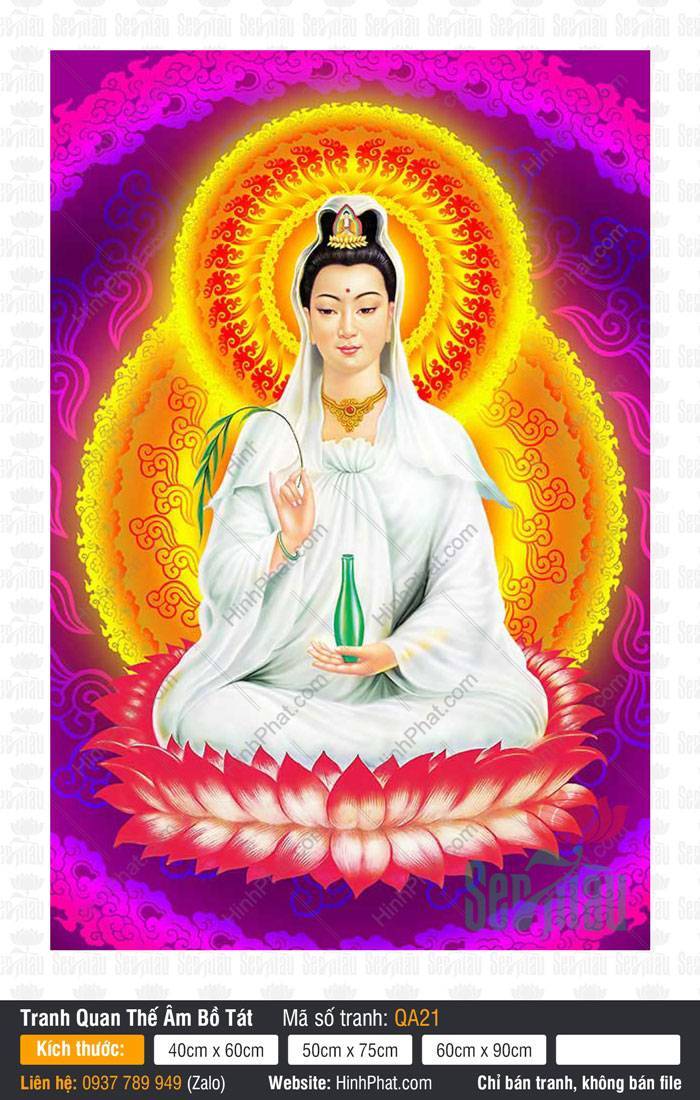 Hình Quan Âm Bồ Tát Đẹp QA21 Hình Quan Âm Bồ Tát Đẹp QA21 áo trắng tọa sen đỏ giữa hào quang nền tím