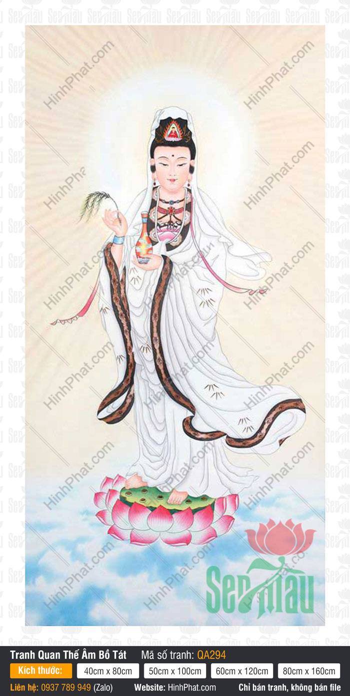 Hình Quan Âm Bồ Tát Đẹp QA294 Hình Quan Âm Bồ Tát Đẹp QA294 khoác bạch y đứng trên đài sen hồng rực rỡ