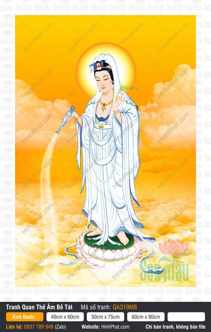 Hình Quan Âm Bồ Tát Đẹp QA319M8 Hình Quan Âm Bồ Tát Đẹp QA319M8 mặc bạch y đứng ngự đài sen hồng dốc bình