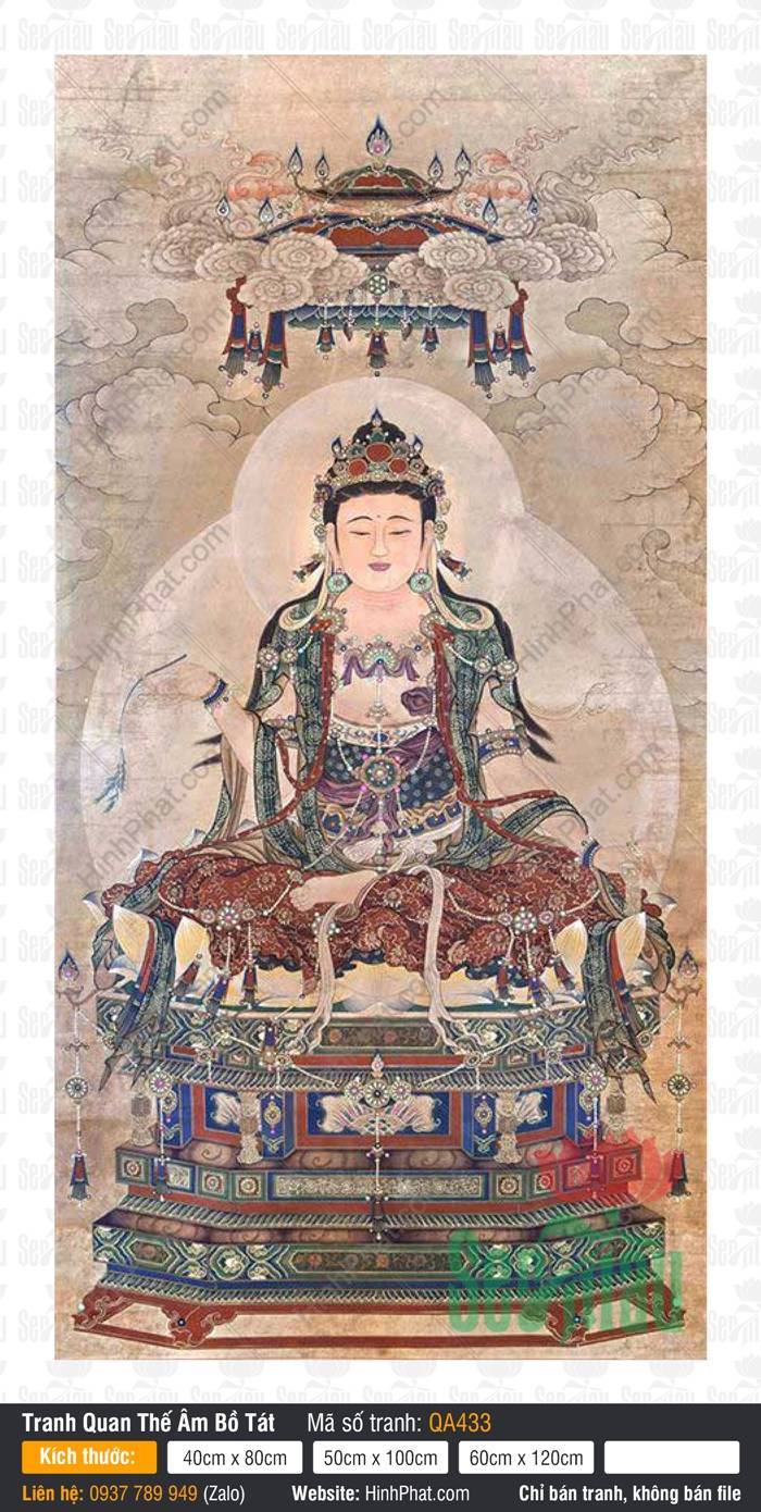 Hình Quan Âm Bồ Tát Đẹp QA433 Hình Quan Âm Bồ Tát Đẹp QA433 tọa thiền trên tòa báu cổ điển giữa làn mây