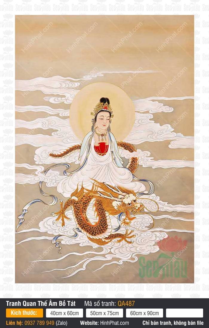 Hình Quan Âm Bồ Tát Đẹp QA487 Hình Quan Âm Bồ Tát Đẹp QA487 mặc bạch y ngự trên rồng vàng giữa làn mây trắng bồng bềnh