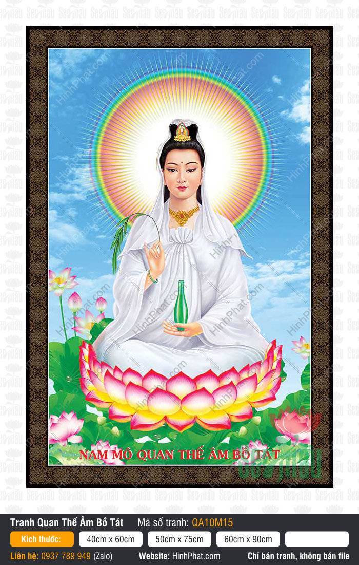Hình Quan Âm Bồ Tát Khổ Lớn Nhất QA10M15 Hình Quan Âm Bồ Tát Khổ Lớn Nhất QA10M15 ngự đài sen hồng khoác y trắng nâng bình tịnh thủy