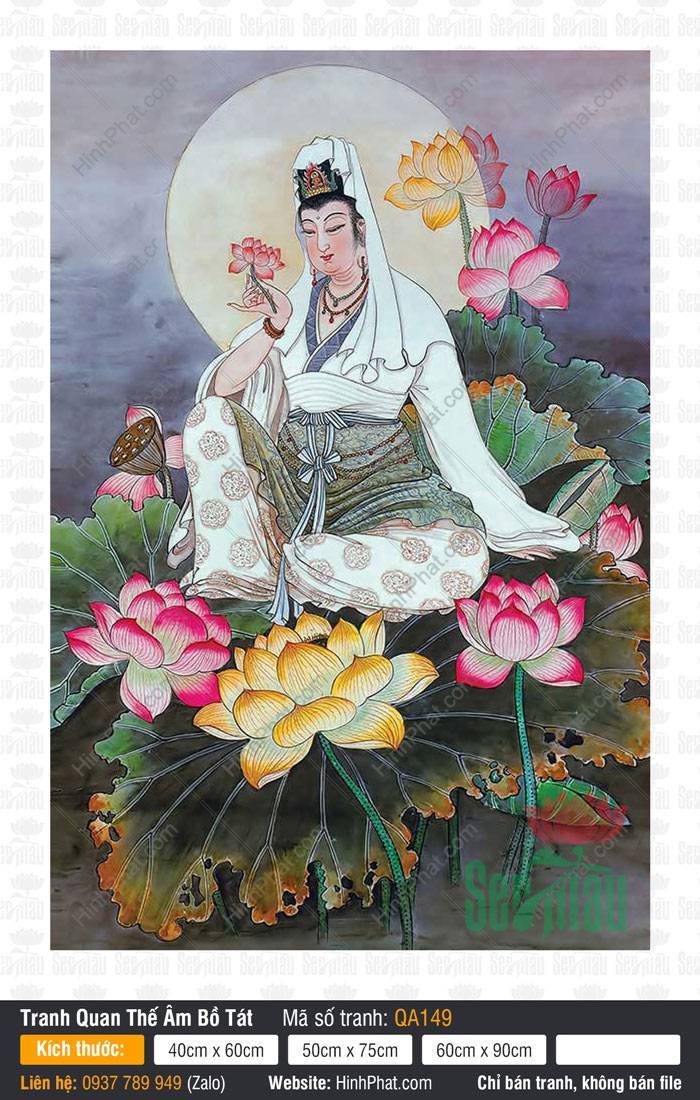 Hình Quan Âm Bồ Tát Khổ Lớn Nhất QA149 Hình Quan Âm Bồ Tát Khổ Lớn Nhất an tọa giữa hồ sen tay nâng đóa hoa hồng
