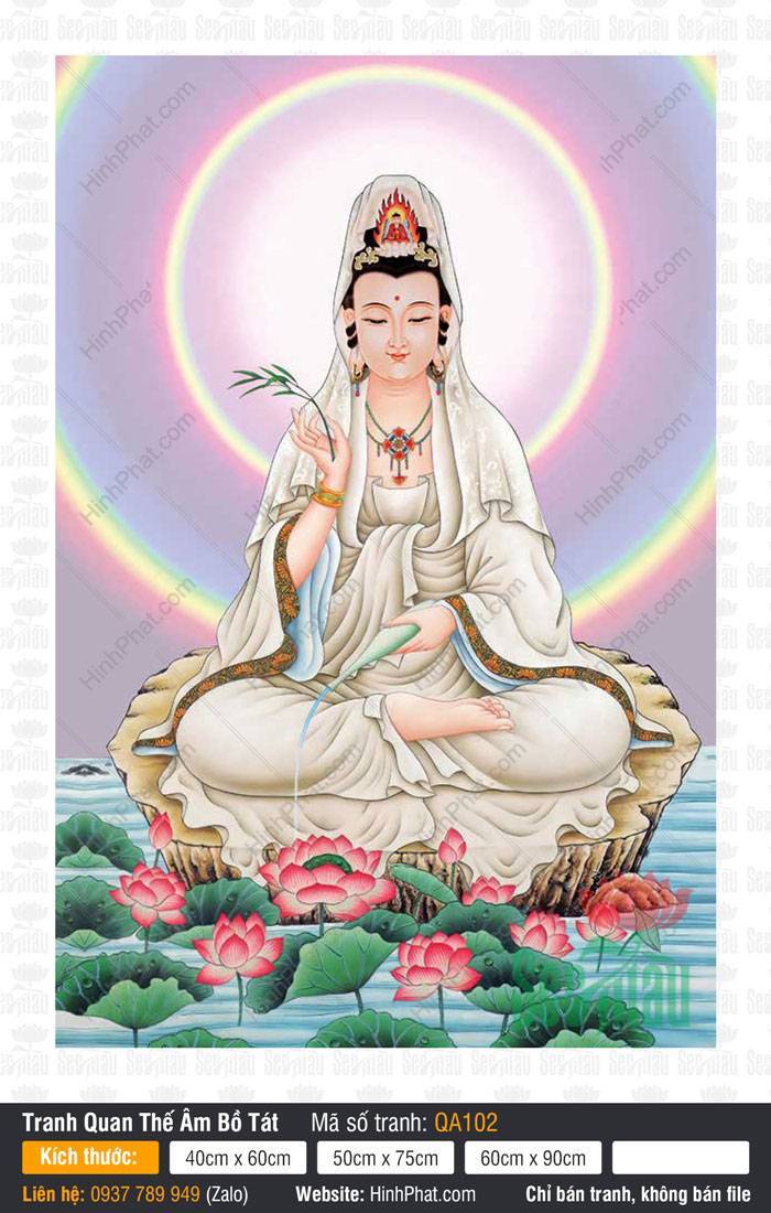 Hình Quan Âm Bồ Tát QA102 Hình Quan Âm Bồ Tát QA102 áo trắng ngự tòa sen giữa hồ rưới tịnh bình