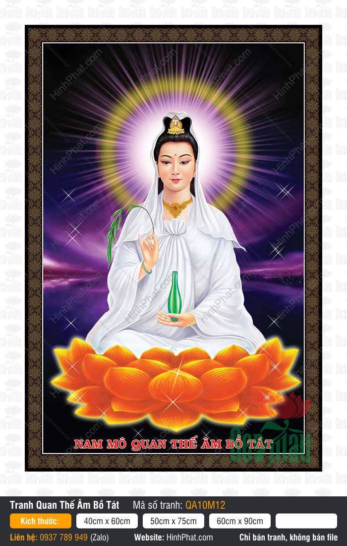 Hình Quan Âm Bồ Tát QA10M12 Hình Quan Âm Bồ Tát QA10M12 ngự đài sen cam tỏa hào quang nền tím