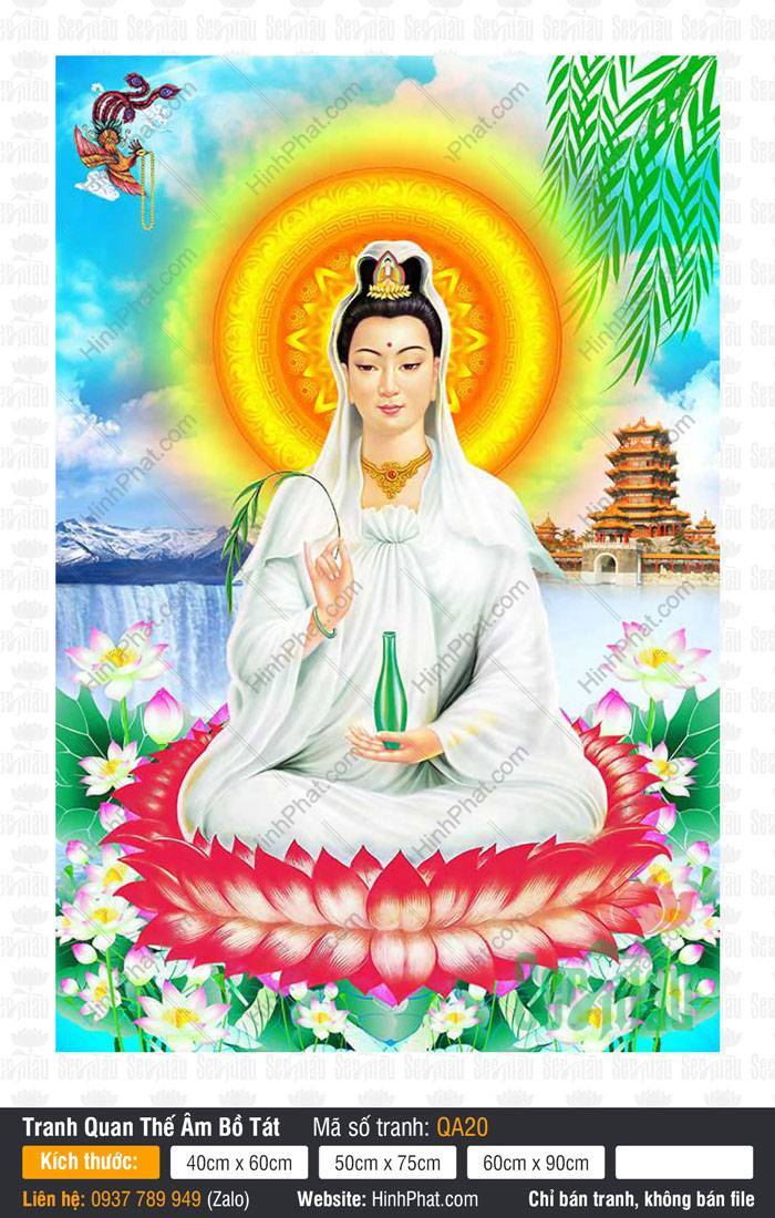 Hình Quan Âm Bồ Tát QA20 Hình Quan Âm Bồ Tát QA20 ngự đài sen đỏ bên thác nước chùa tháp