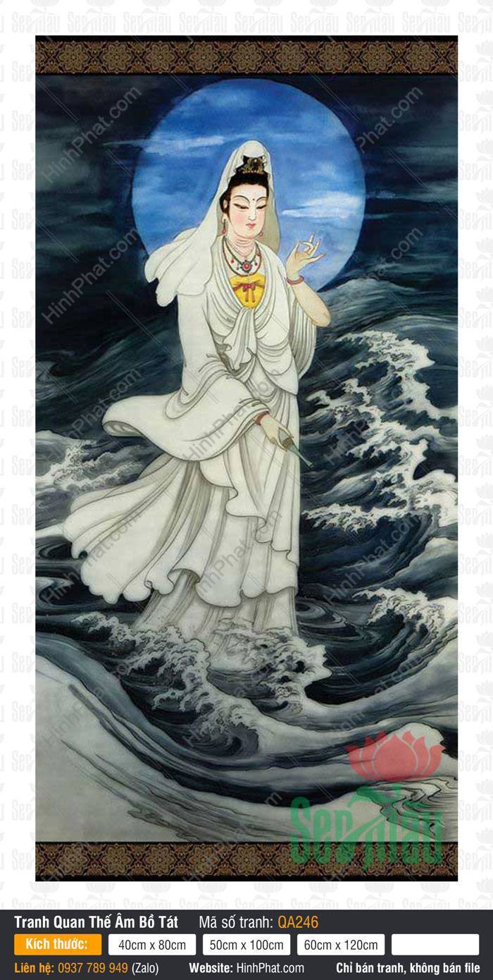 Hình Quan Âm Bồ Tát QA246 Hình Quan Âm Bồ Tát QA246 khoác y phục trắng đứng trên sóng biển ngực đeo yếm vàng