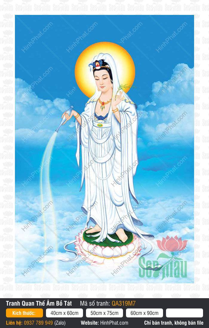 Hình Quan Âm Bồ Tát QA319M7 Hình Quan Âm Bồ Tát QA319M7 khoác bạch y đứng đài sen giữa trời xanh mây trắng