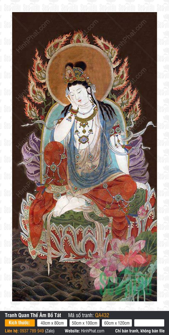 Hình Quan Âm Bồ Tát QA432 Hình Quan Âm Bồ Tát QA432 ngồi tự tại trên tòa sen tay tựa má với hào quang rực lửa