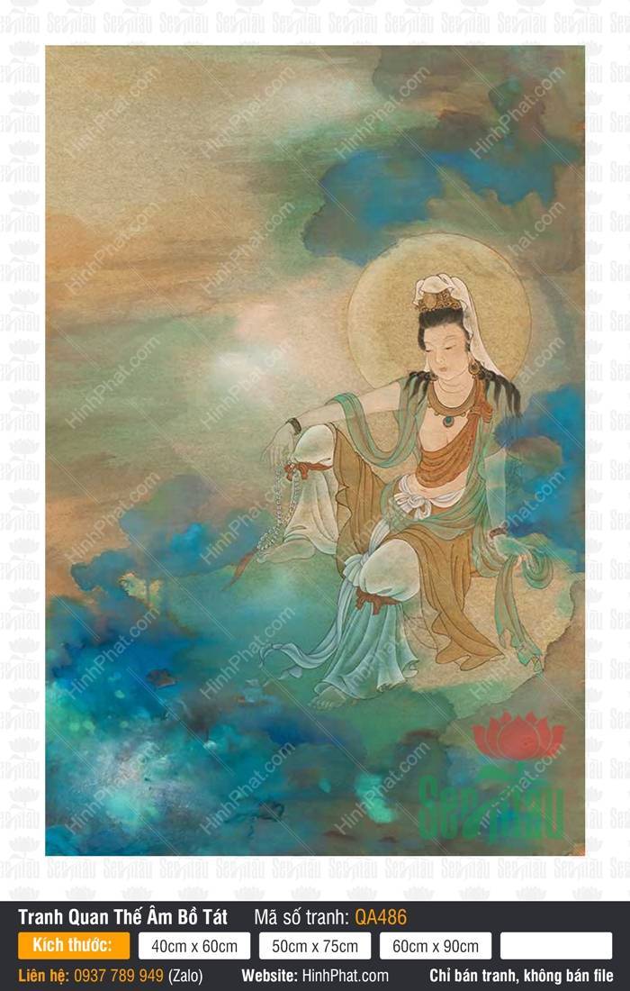 Hình Quan Âm Bồ Tát QA486 Hình Quan Âm Bồ Tát QA486 ngồi tự tại trên mây khói với y phục cam phối xanh cổ điển