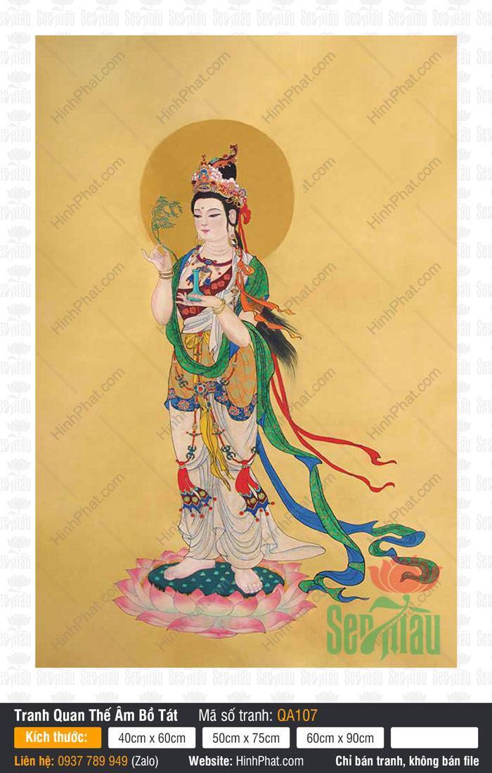 Hình Quan Thế Âm Bồ Tát Chất Lượng Cao QA107 Hình Quan Thế Âm Bồ Tát Chất Lượng Cao QA107 khoác lụa xanh đứng trên đài sen hồng