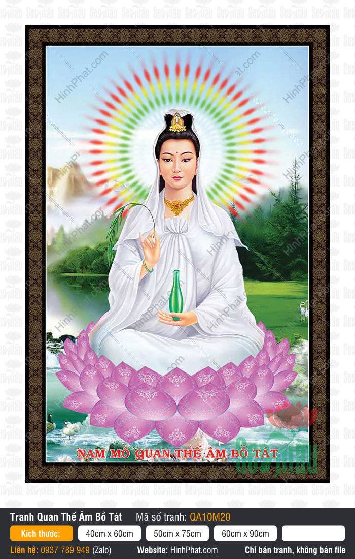 Hình Quan Thế Âm Bồ Tát Chất Lượng Cao QA10M20 Hình Quan Thế Âm Bồ Tát Chất Lượng Cao QA10M20 ngự đài sen tím khoác y áo trắng