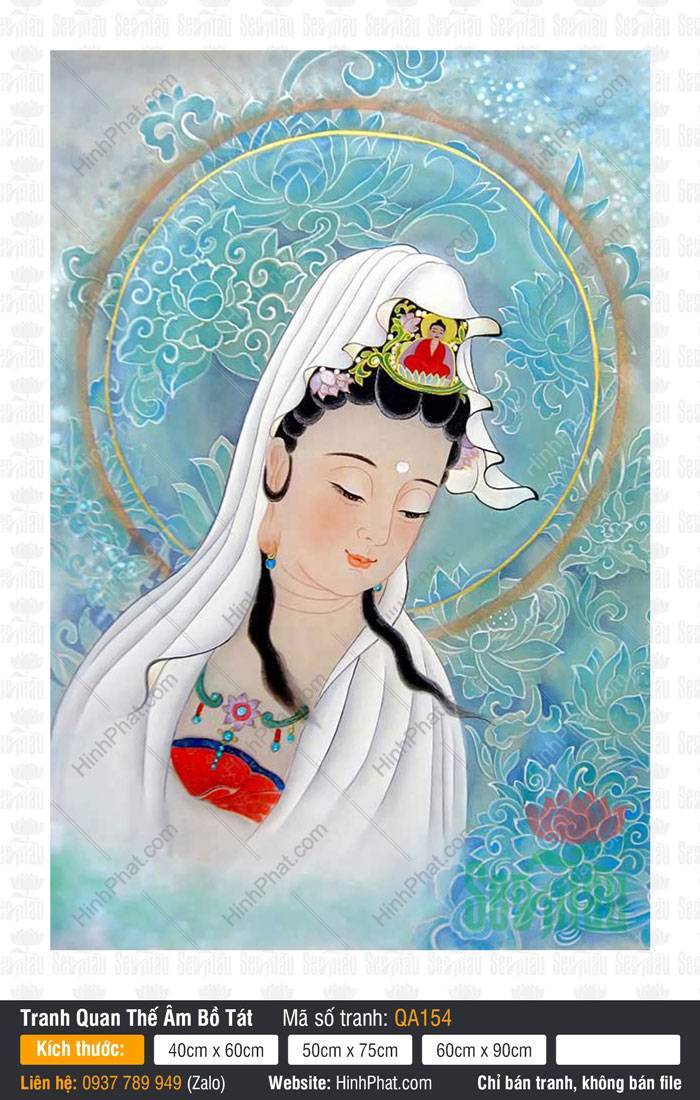 Hình Quan Thế Âm Bồ Tát Chất Lượng Cao QA154 Hình Quan Thế Âm Bồ Tát Chất Lượng Cao QA154 diện áo trắng nền xanh