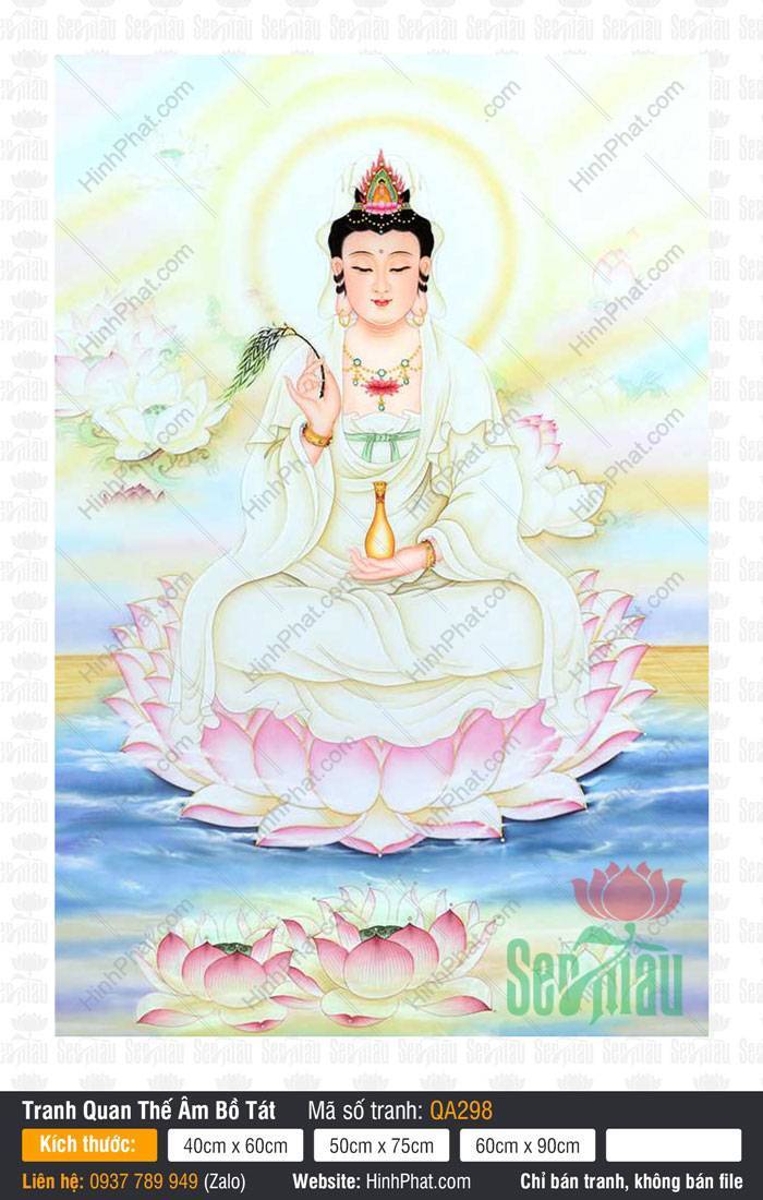 Hình Quan Thế Âm Bồ Tát Chất Lượng Cao QA298 Hình Quan Thế Âm Bồ Tát QA298 an tọa đài sen hồng giữa làn nước và mây sáng