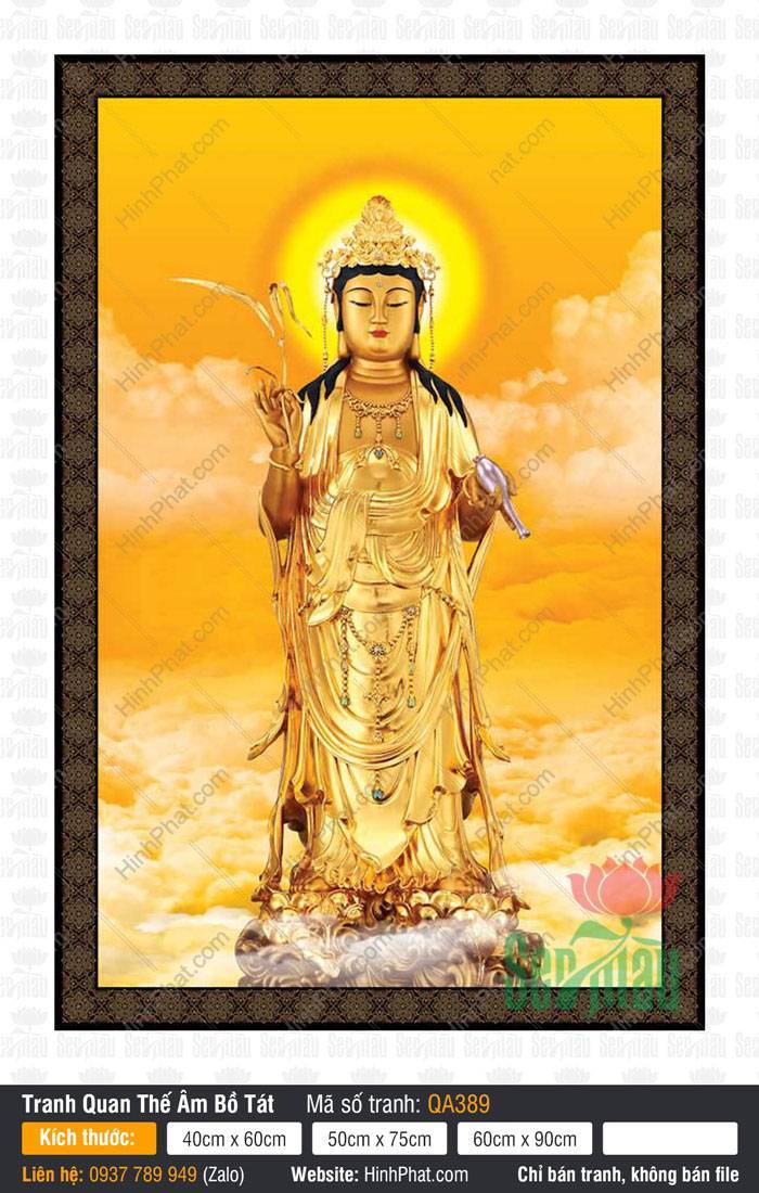Hình Quan Thế Âm Bồ Tát Chất Lượng Cao QA389 Hình Quan Thế Âm Bồ Tát Chất Lượng Cao QA389 tôn tượng dát vàng đứng trên đài sen giữa hào quang