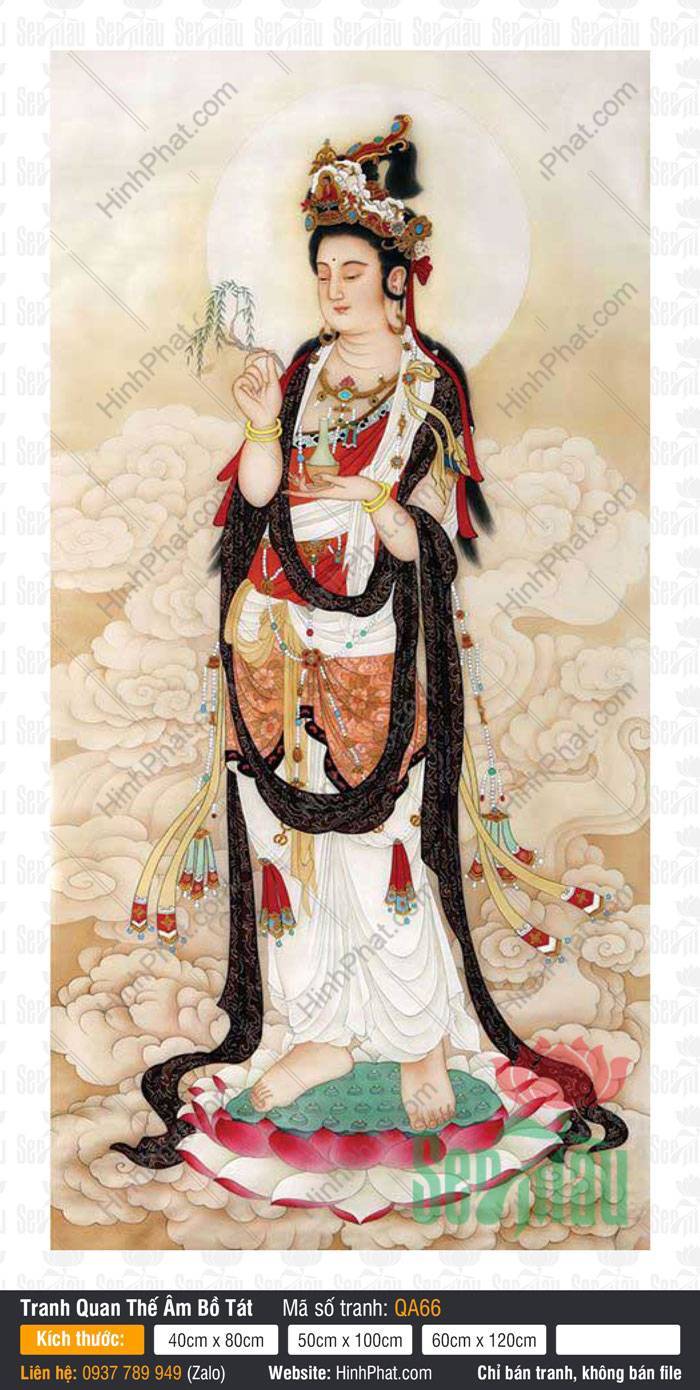 Hình Quan Thế Âm Bồ Tát Chất Lượng Cao QA66 Hình Quan Thế Âm Bồ Tát Chất Lượng Cao QA66 đứng trên sen nền mây vàng
