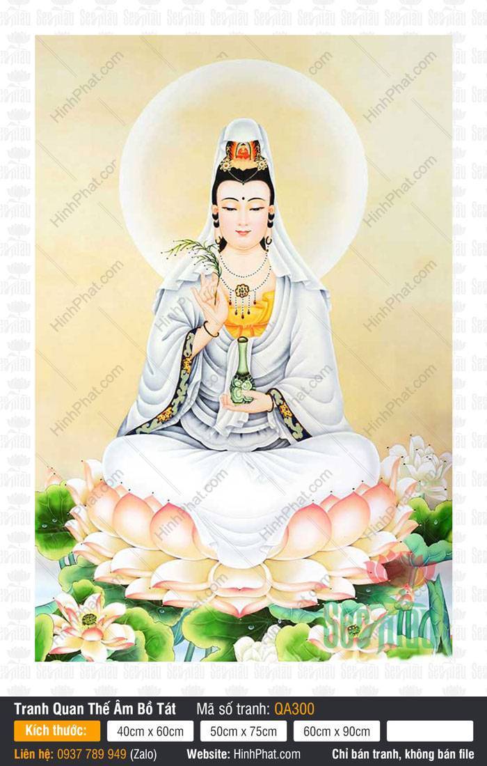 Hình Quán Thế Âm Bồ Tát Đẹp Nhất QA300 Hình Quán Thế Âm Bồ Tát Đẹp Nhất QA300 an tọa trên đài sen hồng nâng nhành dương liễu