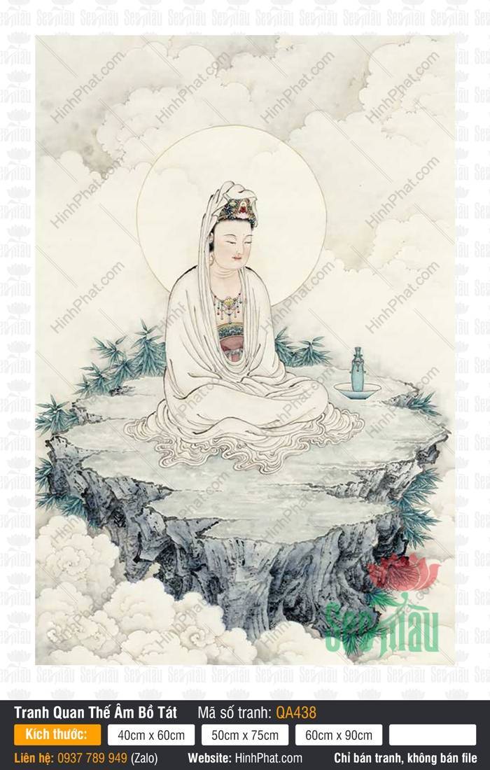 Hình Quán Thế Âm Bồ Tát Đẹp Nhất QA438 Hình Quán Thế Âm Bồ Tát Đẹp Nhất QA438 tọa thiền y trắng trên gành đá vân hải