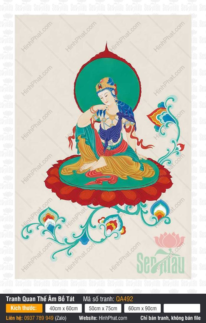 Hình Quán Thế Âm Bồ Tát Đẹp Nhất QA492 Hình Quán Thế Âm Bồ Tát Đẹp Nhất QA492 ngự tòa sen đỏ với hào quang xanh lục rực rỡ