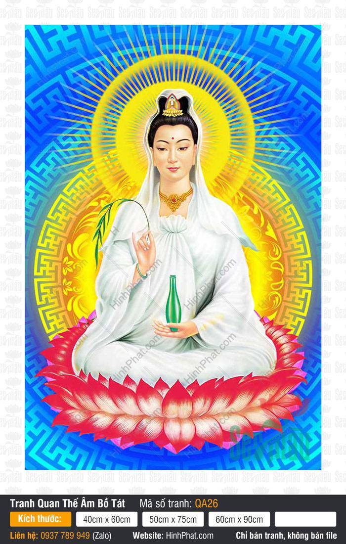Hình Quán Thế Âm Bồ Tát Đẹp QA26 Hình Quán Thế Âm Bồ Tát Đẹp QA26 áo trắng tọa đài sen đỏ trên nền lam vàng