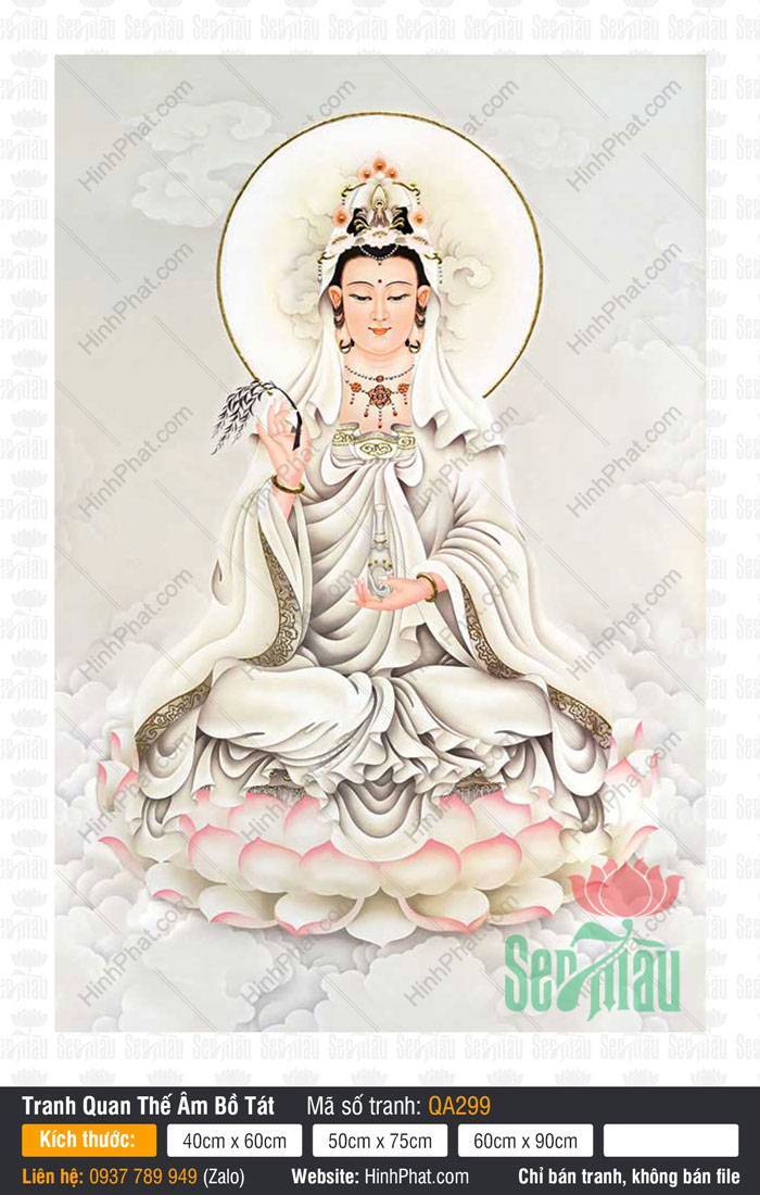 Hình Quán Thế Âm Bồ Tát Đẹp QA299 Hình Quán Thế Âm Bồ Tát Đẹp QA299 khoác bạch y tọa thiền trên đài sen hồng