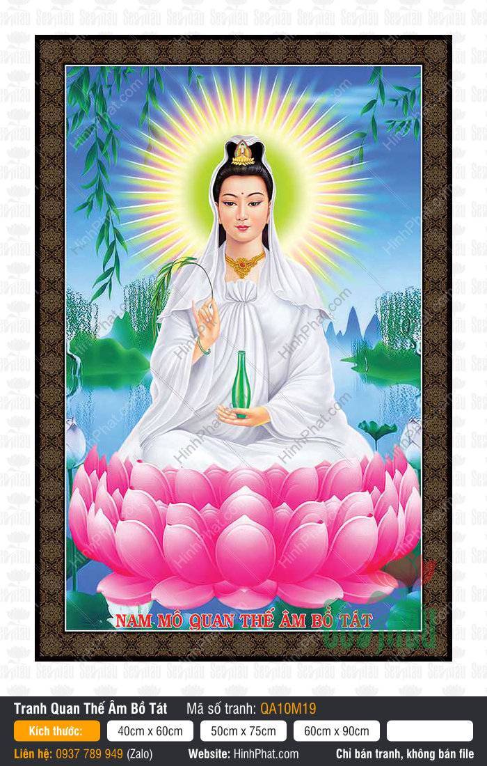 Hình Quan Thế Âm Bồ Tát QA10M19 Hình Quan Thế Âm Bồ Tát QA10M19 áo trắng tọa sen hồng trên mặt hồ