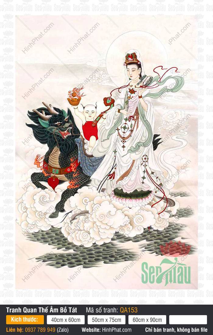 Hình Quan Thế Âm Bồ Tát QA153 Hình Quan Thế Âm Bồ Tát QA153 đứng trên đài sen cưỡi linh thú giữa làn mây lành