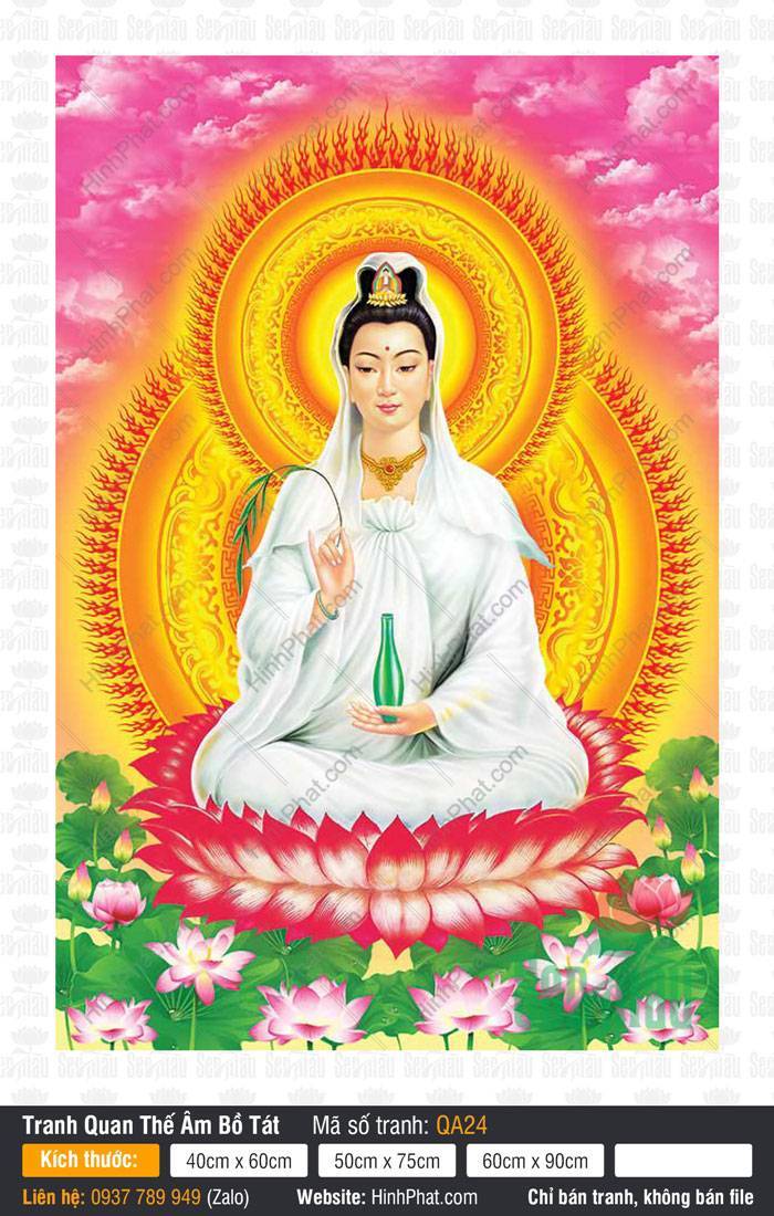 Hình Quan Thế Âm Bồ Tát QA24 Hình Quan Thế Âm Bồ Tát QA24 ngự đài sen đỏ rực rỡ giữa hồ sen mây hồng