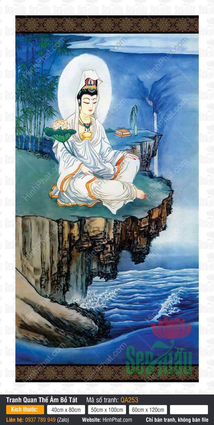 Hình Quan Thế Âm Bồ Tát QA253 Hình Quan Thế Âm Bồ Tát QA253 ngồi an nhiên trên ghềnh đá cao bên biển xanh cuộn sóng