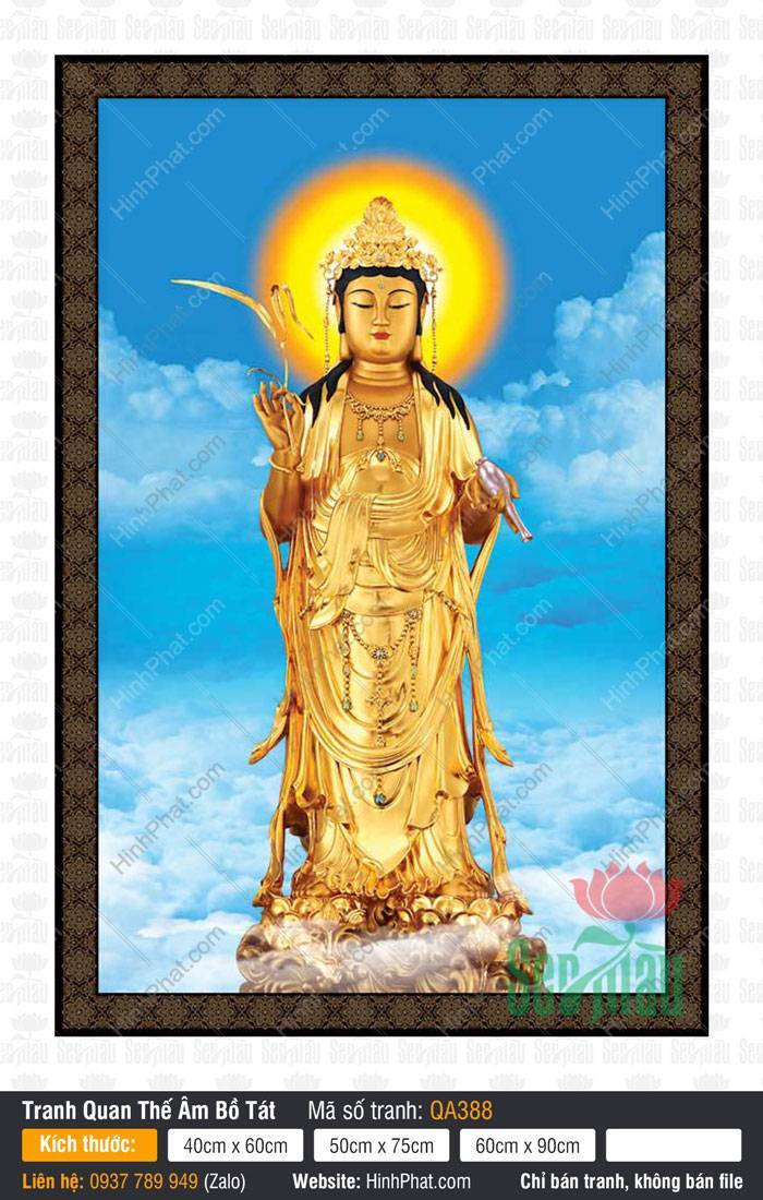Hình Quan Thế Âm Bồ Tát QA388 Hình Quan Thế Âm Bồ Tát QA388 tôn tượng dát vàng đứng đài sen giữa trời mây xanh