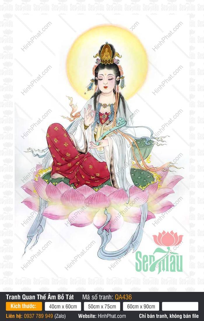 Hình Quán Thế Âm Bồ Tát QA436 Hình Quán Thế Âm Bồ Tát QA436 mặc bạch y ngự trên tòa sen hồng cầm gậy Như Ý
