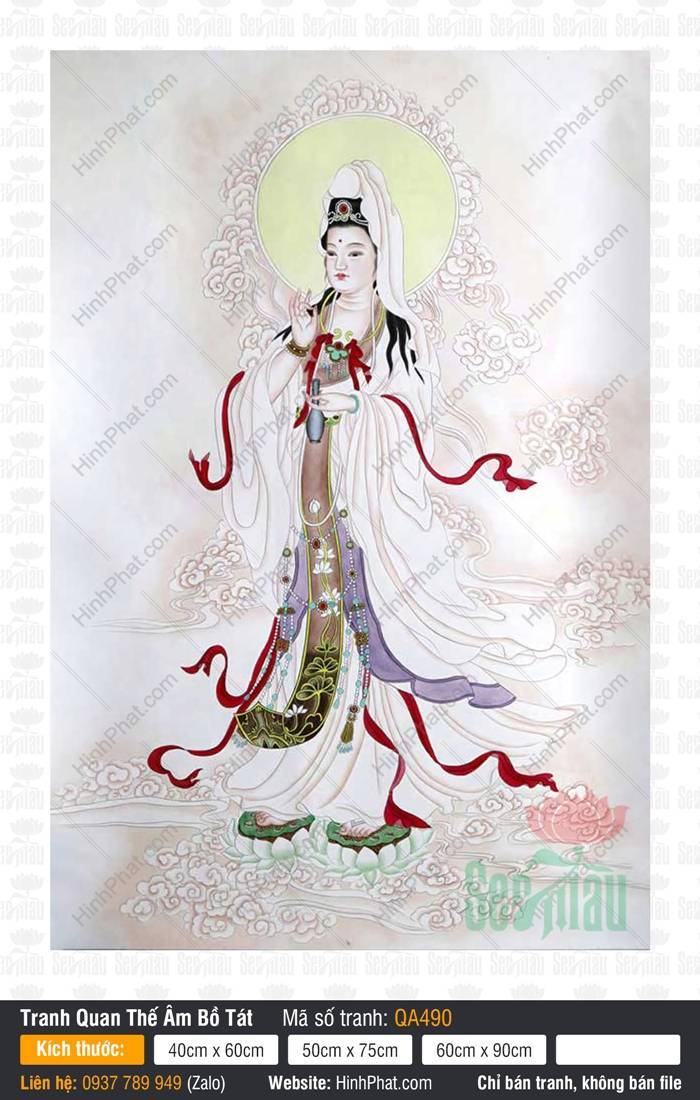 Hình Quán Thế Âm Bồ Tát QA490 Hình Quán Thế Âm Bồ Tát QA490 mặc bạch y đứng trên đài sen hồng giữa mây