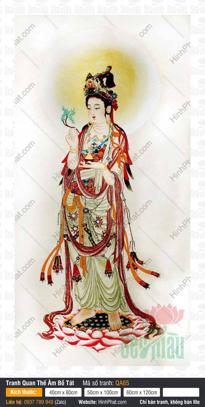 Hình Quan Thế Âm Bồ Tát QA65 Hình Quan Thế Âm Bồ Tát QA65 ngự đứng đài sen hồng khoác y gấm thắt dải lụa đỏ