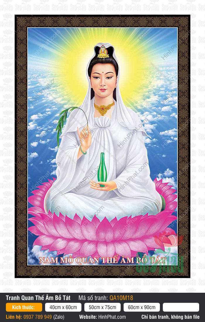 Hình Quan Thế Âm QA10M18 Hình Quan Thế Âm QA10M18 ngồi kiết xá trên đài sen hồng giữa nền mây trời
