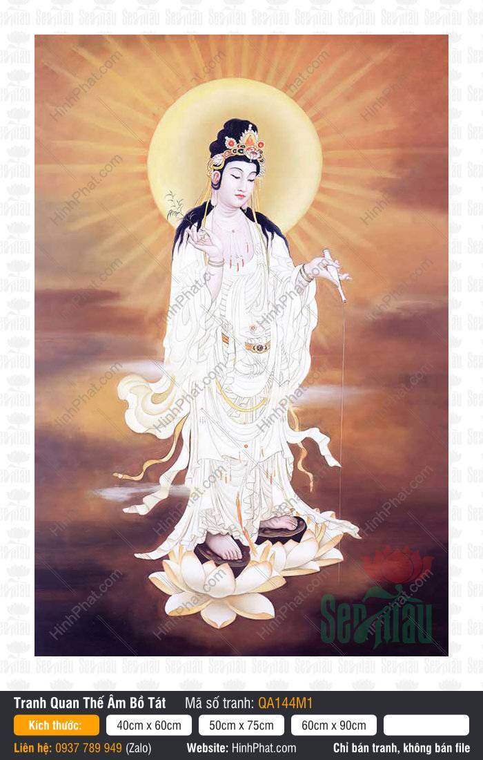 Hình Quan Thế Âm QA144M1 Hình Quan Thế Âm QA144M1 áo trắng đứng trên đài sen tay cầm tịnh bình