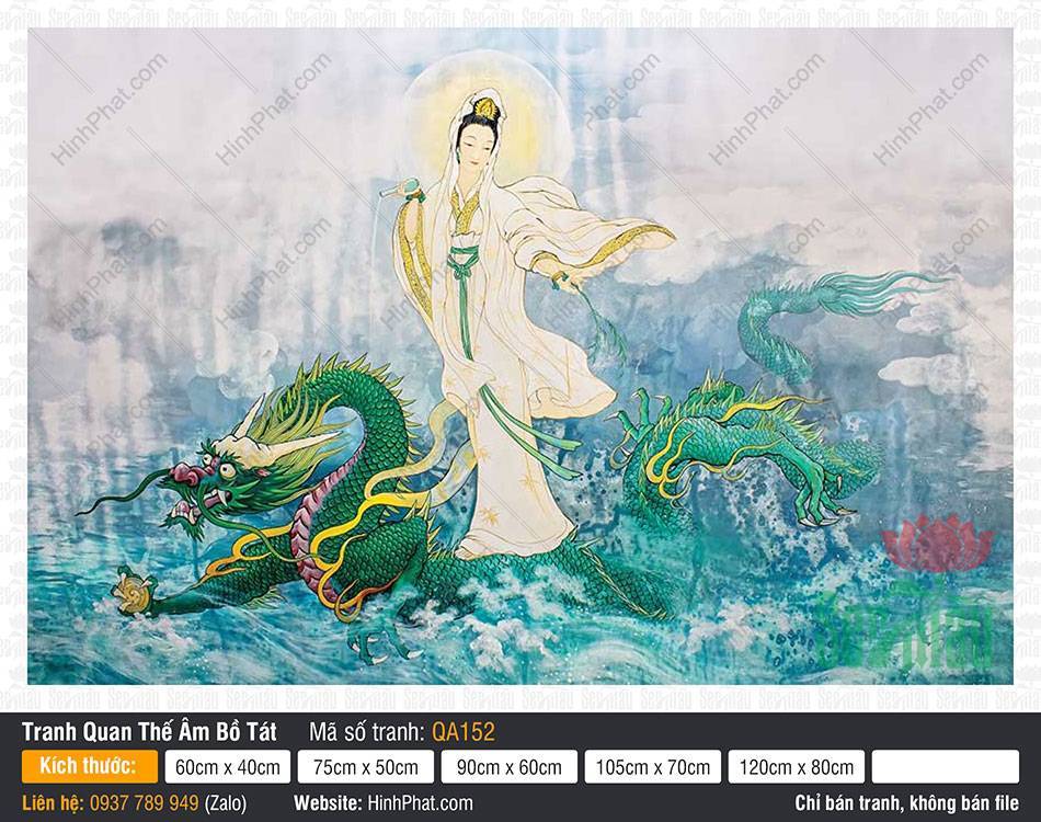 Hình Quan Thế Âm QA152 Hình Quan Thế Âm QA152 đứng trên lưng rồng xanh giữa cuộn sóng biển