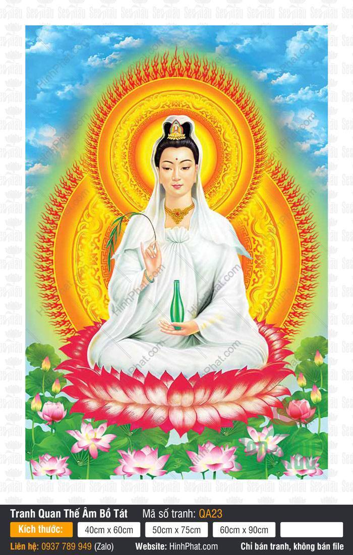 Hình Quan Thế Âm QA23 Hình Quan Thế Âm QA23 khoác y trắng ngự tòa sen đỏ giữa hào quang ngọn lửa
