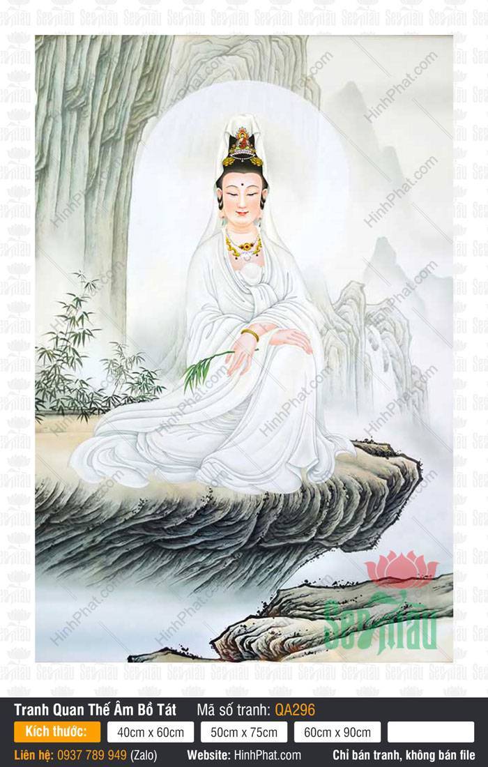 Hình Quan Thế Âm QA296 Hình Quan Thế Âm QA296 an tọa mỏm đá bên rặng trúc xanh giữa phong cảnh sơn thủy