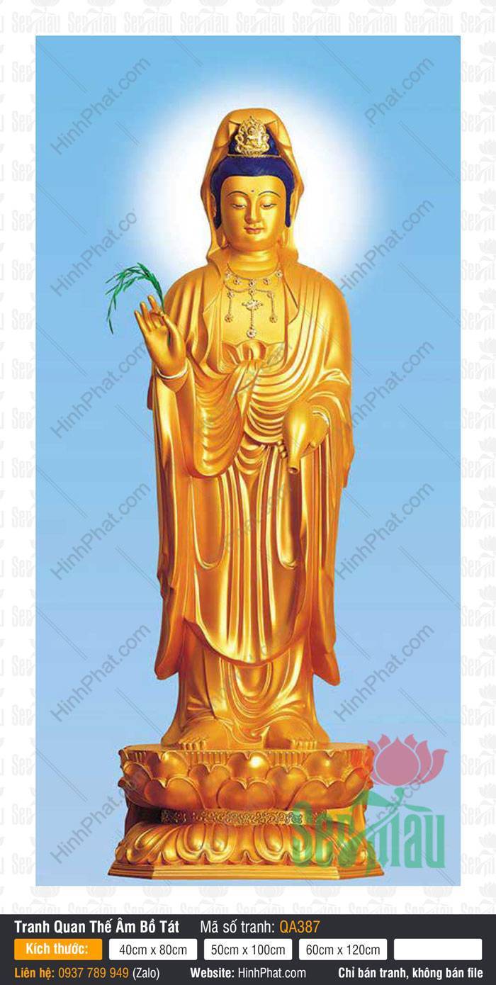 Hình Quan Thế Âm QA387 Hình Quan Thế Âm QA387 toàn thân dát vàng đứng trên đài sen báu cầm nhành dương liễu
