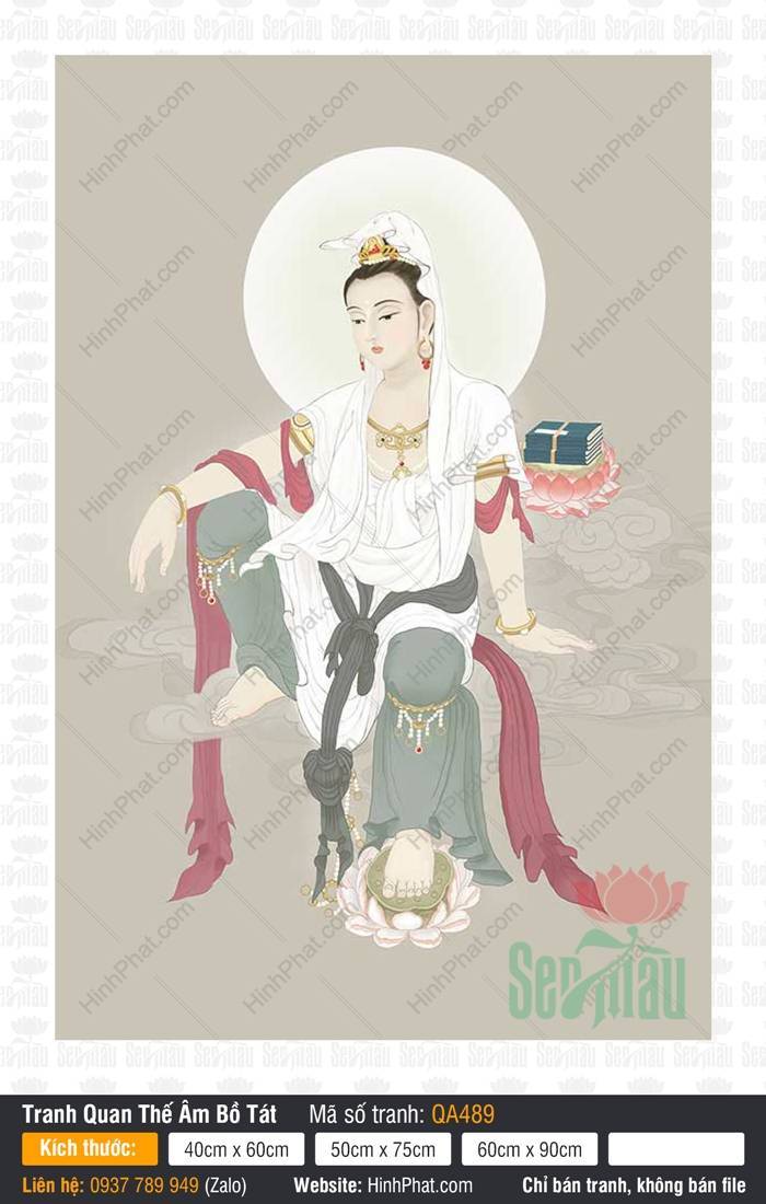Hình Quán Thế Âm QA489 Hình Quán Thế Âm QA489 mặc y trắng xanh ngồi tự tại bên kinh sách trên đài sen