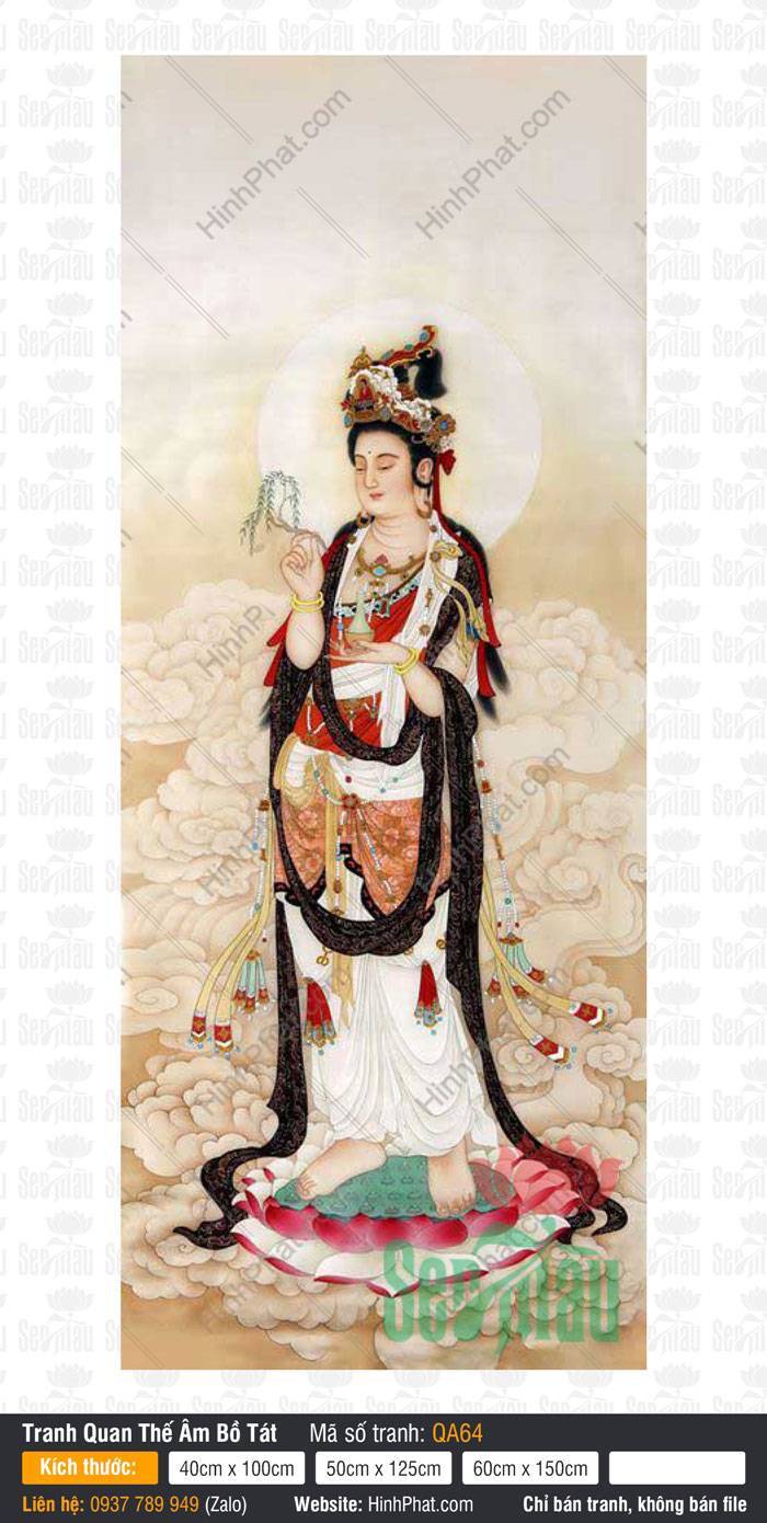 Hình Quan Thế Âm QA64 Hình Quan Thế Âm QA64 dáng đứng ngự đài sen hồng giữa nền mây vàng cổ kính